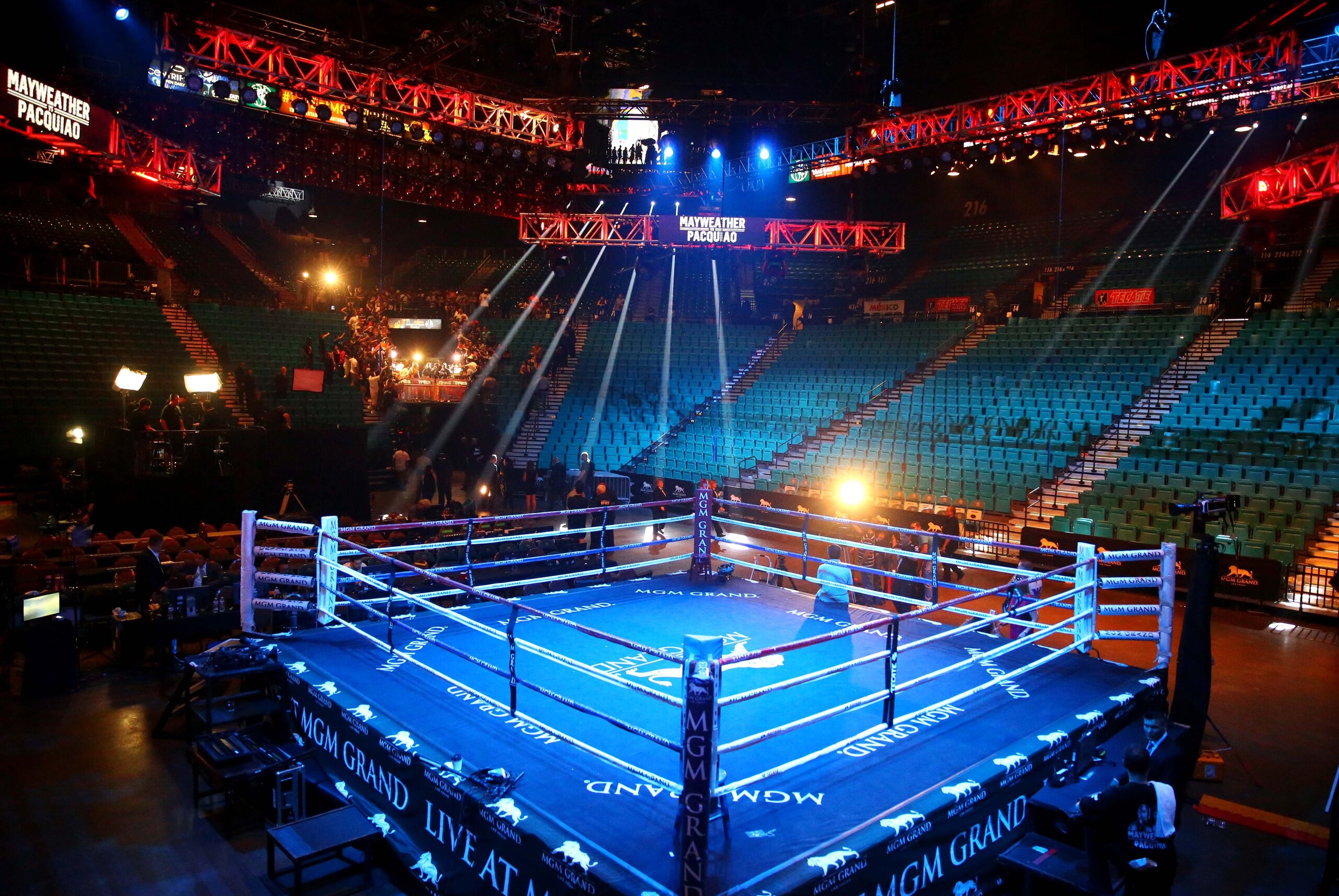 May 1, 2015; Las Vegas, NV, USA; Overall view of the empty boxing ring at the MGM Grand Garden Arena following weigh-ins for the upcoming boxing fight between Floyd Mayweather against Manny Pacquiao. Mandatory Credit: Mark J. Rebilas-USA TODAY Sports
