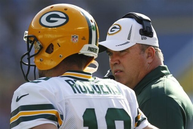 Green Bay Packers coach Mike McCarthy talks with quarterback Aaron Rodgers during the first half of an NFL preseason football game against the San Diego Chargers on Thursday, Aug. 9, 2012, in San Diego. (AP Photo/Lenny Ignelzi)