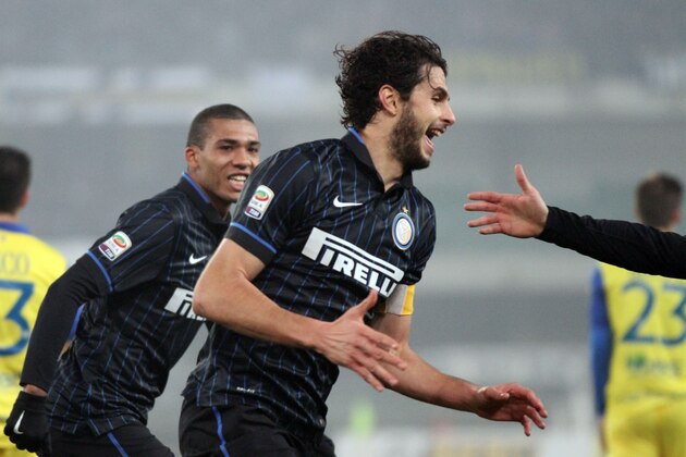Inter Milan's defender Andrea Ranocchia celebrates after scoring during a Serie A soccer match against Chievo at Bentegodi stadium in Verona, Italy, Monday, Dec. 15, 2014. (AP Photo/Felice Calabro')