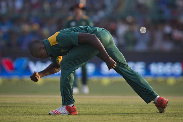 South Africa's Kagiso Rabada reacts after taking an Indian wicket during the first one day international cricket match between them in Kanpur, India, Sunday, Oct. 11, 2015. South Africa won by 5 runs. (AP Photo/Saurabh Das)