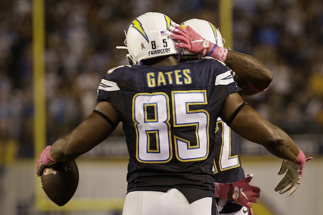 SAN DIEGO, CA - OCTOBER 12:  Tight end Antonio Gates #85 of the San Diego Chargers celebrates after a touchdown reception against the Pittsburgh Steelers at Qualcomm Stadium on October 12, 2015 in San Diego, California.  (Photo by Jeff Gross/Getty Images)