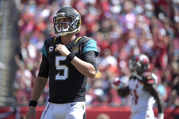 Jacksonville Jaguars quarterback Blake Bortles (5) reacts to a play during the first half of an NFL football game against the Tampa Bay Buccaneers in Tampa, Fla., Sunday, Oct. 11, 2015. (AP Photo/Phelan M. Ebenhack)