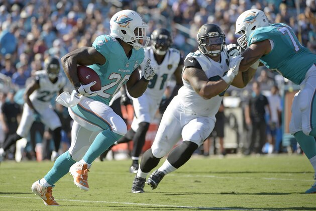 Miami Dolphins running back Lamar Miller (26) rushes for yardage as offensive guard Jamil Douglas (75), right, blocks Jacksonville Jaguars defensive tackle Tyson Alualu (93) during the first half of an NFL football game in Jacksonville, Fla., Sunday, Sept. 20, 2015. (AP Photo/Phelan M. Ebenhack)