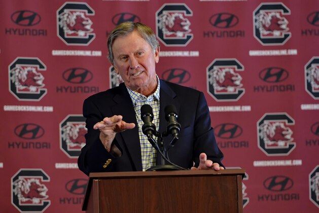 Steve Spurrier speaks during a news conference held to announce his resignation as the South Carolina head football coach Oct. 13, 2015, at the University Of South Carolina, in Columbia, S.C.  (AP Photo/Richard Shiro)