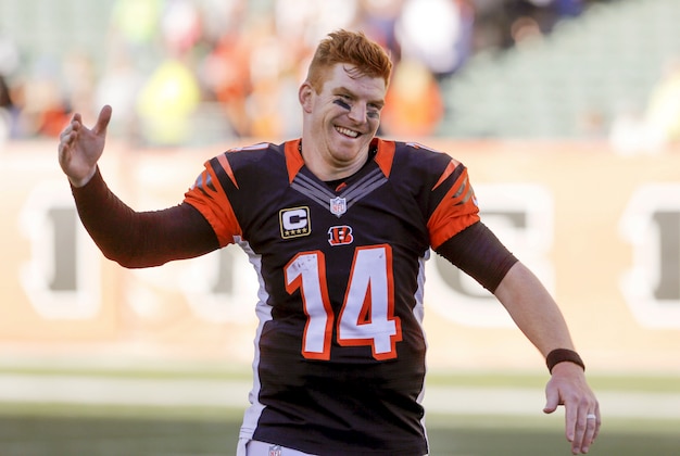 Oct 11, 2015; Cincinnati, OH, USA; Cincinnati Bengals quarterback Andy Dalton (14) celebrates after his team defeated the Seattle Seahawks at Paul Brown Stadium. Cincinnati defeated Seattle 27-24. Mandatory Credit: Mark Zerof-USA TODAY Sports