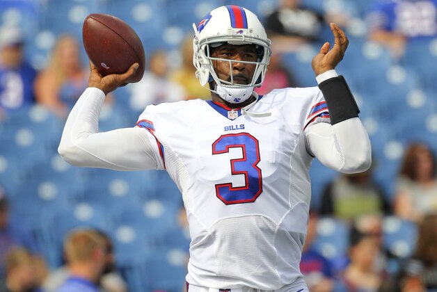 Buffalo Bills quarterback EJ Manuel (3) warms up before a preseason NFL football game against the Pittsburgh Steelers on Saturday, Aug. 29, 2015, in Orchard Park, N.Y. (AP Photo/Bill Wippert)