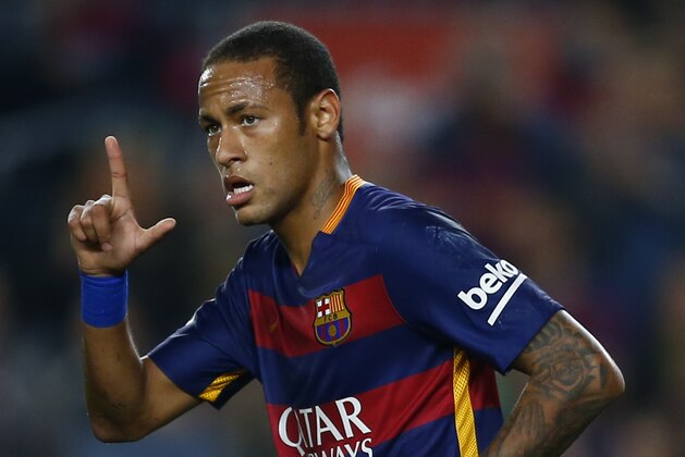 FC Barcelona's Neymar reacts after scoring against Rayo Vallecano during a Spanish La Liga soccer match at the Camp Nou stadium in Barcelona, Spain, Saturday, Oct. 17, 2015. (AP Photo/Manu Fernandez)