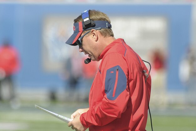 Oct 17, 2015; Memphis, TN, USA; Mississippi Rebels head coach Hugh Freeze during the game against the Memphis Tigers at Liberty Bowl Memorial Stadium. Mandatory Credit: Justin Ford-USA TODAY Sports