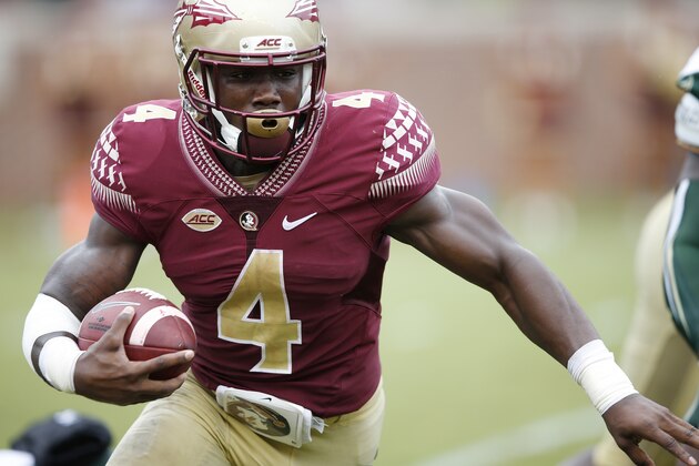TALLAHASSEE, FL - SEPTEMBER 12: Dalvin Cook #4 of the Florida State Seminoles runs the ball against the South Florida Bulls during the game at Doak Campbell Stadium on September 12, 2015 in Tallahassee, Florida. Florida State defeated South Florida 34-14. (Photo by Joe Robbins/Getty Images)