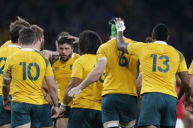 Australia players after the Rugby World Cup Pool A match between Australia and Wales at Twickenham Stadium, London, Saturday, Oct. 10, 2015. Australia won the match 15-6. (AP Photo/Frank Augstein)