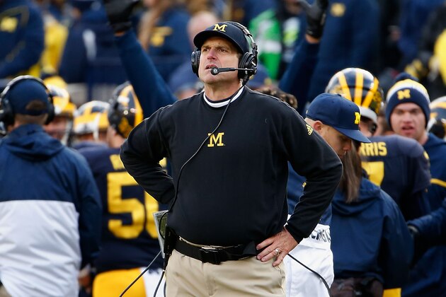 ANN ARBOR, MI - OCTOBER 17:  Head coach Jim Harbaugh of the Michigan Wolverines reacts on the sidlines during the second quarter of the college football game against the Michigan State Spartans at Michigan Stadium on October 17, 2015 in Ann Arbor, Michigan.  The Spartans defeated the Wolverines 27-23. (Photo by Christian Petersen/Getty Images)