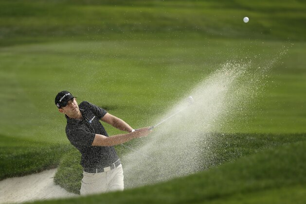 Brendan Steele hits out of a bunker up to the second green of the Silverado Resort North Course during the third round of the Frys.com golf tournament Saturday, Oct. 17, 2015, in Napa, Calif. (AP Photo/Eric Risberg)