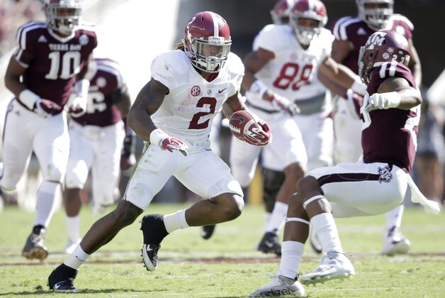 Oct 17, 2015; College Station, TX, USA; Alabama Crimson Tide running back Derrick Henry (2) makes a long run for a touchdown against the Texas A&M Aggies in the first quarter at Kyle Field. Mandatory Credit: Erich Schlegel-USA TODAY Sports
