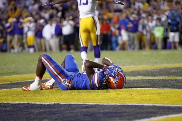 Florida wide receiver Antonio Callaway (81) reacts as LSU celebrates after he dropped a [ass in the end zone in the second half of an NCAA college football game in Baton Rouge, La., Saturday, Oct. 17, 2015. LSU won 35-28. (AP Photo/Gerald Herbert)