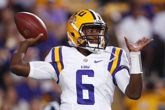 LSU quarterback Brandon Harris (6) passes in the first half of an NCAA college football game against Florida in Baton Rouge, La., Saturday, Oct. 17, 2015. (AP Photo/Gerald Herbert)