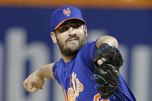 New York Mets pitcher Matt Harvey throws during the first inning of Game 1 of the National League baseball championship series against the Chicago Cubs Saturday, Oct. 17, 2015, in New York. (AP Photo/Julie Jacobson)