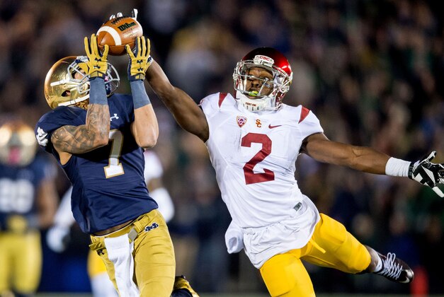Oct 17, 2015; South Bend, IN, USA; Notre Dame Fighting Irish wide receiver William Fuller (7) catches a pass as USC Trojans cornerback Adoree Jackson (2) defends in the fourth quarter at Notre Dame Stadium. Notre Dame won 41-31. Mandatory Credit: Matt Cashore-USA TODAY Sports