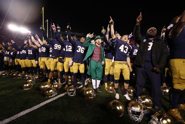 Oct 17, 2015; South Bend, IN, USA; Notre Dame Fighting Irish celebrates after the game against the Southern California Trojans at Notre Dame Stadium. Notre Dame defeats Southern California 41-31. Mandatory Credit: Brian Spurlock-USA TODAY Sports