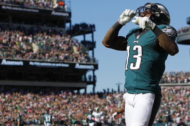 PHILADELPHIA, PA - OCTOBER 11: Wide receiver Josh Huff #13 celebrates his touchdown after making a catch against the New Orleans Saints in the second quarter during a game at Lincoln Financial Field on October 11, 2015 in Philadelphia, Pennsylvania. (Photo by Rich Schultz /Getty Images)