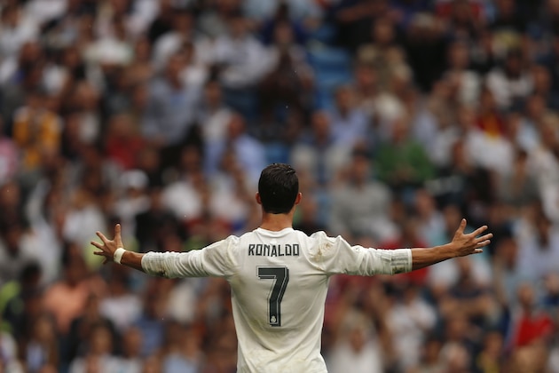 Real Madrid's Cristiano Ronaldo reacts during a Spanish La Liga soccer match between Real Madrid and Levante at the Santiago Bernabeu stadium in Madrid, Spain, Saturday, Oct. 17, 2015. (AP Photo/Daniel Ochoa de Olza)