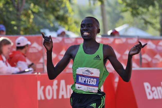 Bernard Kipyego, of Kenya, reacts as he crosses the finish line during the Chicago Marathon in Chicago, Sunday, Oct. 9, 2011. Kipyego finished third with a time of 2:06:29. (AP Photo/Nam Y. Huh) Bernard Kipyego, of Kenya, reacts as he crosses the finish line during the Chicago Marathon in Chicago, Sunday, Oct. 9, 2011. Kipyego finished third with a time of 2:06:29. (AP Photo/Nam Y. Huh)