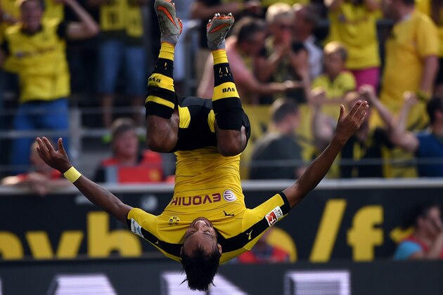 Dortmund's Gabonese striker Pierre-Emerick Aubameyang makes a jump after scoring during the German first division Bundesliga football match Borussia Dortmund vs Hertha BSC in Dortmund, Germany, on August 30, 2015. AFP PHOTO / PATRIK STOLLARZ
RESTRICTIONS: DURING MATCH TIME: DFL RULES TO LIMIT THE ONLINE USAGE TO 15 PICTURES PER MATCH AND FORBID IMAGE SEQUENCES TO SIMULATE VIDEO.
== RESTRICTED TO EDITORIAL USE ==
FOR FURTHER QUERIES PLEASE CONTACT DFL DIRECTLY AT + 49 69 650050. (Photo credit should read PATRIK STOLLARZ/AFP/Getty Images) Dortmund's Gabonese striker Pierre-Emerick Aubameyang makes a jump after scoring during the German first division Bundesliga football match Borussia Dortmund vs Hertha BSC in Dortmund, Germany, on August 30, 2015. AFP PHOTO / PATRIK STOLLARZ
RESTRICTIONS: DURING MATCH TIME: DFL RULES TO LIMIT THE ONLINE USAGE TO 15 PICTURES PER MATCH AND FORBID IMAGE SEQUENCES TO SIMULATE VIDEO.
== RESTRICTED TO EDITORIAL USE ==
FOR FURTHER QUERIES PLEASE CONTACT DFL DIRECTLY AT + 49 69 650050. (Photo credit should read PATRIK STOLLARZ/AFP/Getty Images)