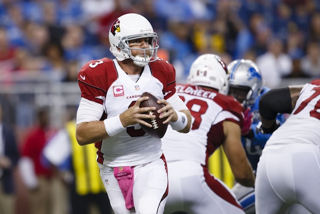 Arizona Cardinals quarterback Carson Palmer (3) drops back to pass against the Detroit Lions during an NFL football game at Ford Field in Detroit, Sunday, Oct. 11, 2015. (AP Photo/Rick Osentoski)