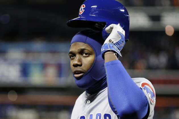 Chicago Cubs' Jorge Soler takes off his batting helmet after striking out during the ninth inning of Game 1 of the National League baseball championship series against the New York Mets Saturday, Oct. 17, 2015, in New York. (AP Photo/Julie Jacobson) Chicago Cubs' Jorge Soler takes off his batting helmet after striking out during the ninth inning of Game 1 of the National League baseball championship series against the New York Mets Saturday, Oct. 17, 2015, in New York. (AP Photo/Julie Jacobson)
