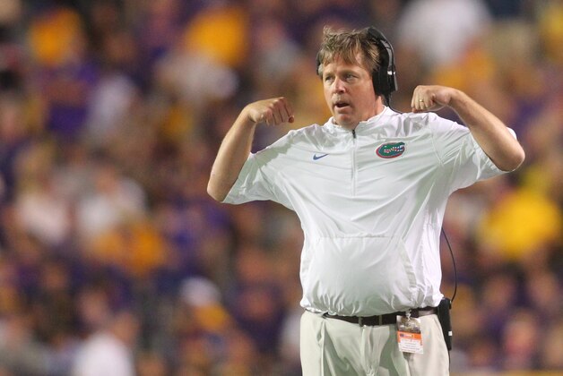 Oct 17, 2015; Baton Rouge, LA, USA; Florida Gators head coach Jim McElwain reacts in the second half against the LSU Tigers at Tiger Stadium. LSU defeated Florida 35-28. Mandatory Credit: Crystal LoGiudice-USA TODAY Sports