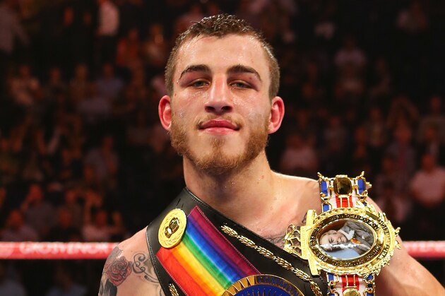 MANCHESTER, ENGLAND - JULY 18: Sam Eggington celebrates beating Glenn Foot during their British Welterweight Championship at the Manchester Arena on July 18, 2015 in Manchester, England. (Photo by Dave Thompson/Getty Images)