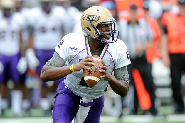 COLLEGE PARK, MD - AUGUST 30:  Vad Lee #2 of the James Madison Dukes drops back to pass against the Maryland Terrapins at Byrd Stadium on August 30, 2014 in College Park, Maryland.  (Photo by G Fiume/Maryland Terrapins/Getty Images)