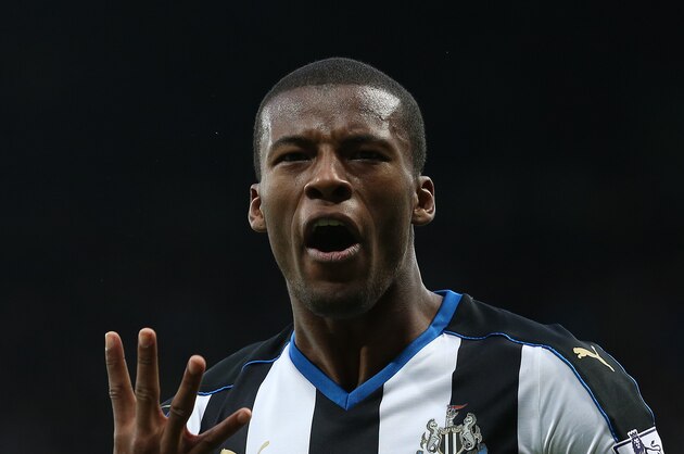 Newcastle United's Georginio Wijnaldum celebrates his fourth goal during their English Premier League soccer match between Newcastle United and  Norwich City at St James' Park, Newcastle, England, Sunday, Oct. 18, 2015. (AP Photo/Scott Heppell)