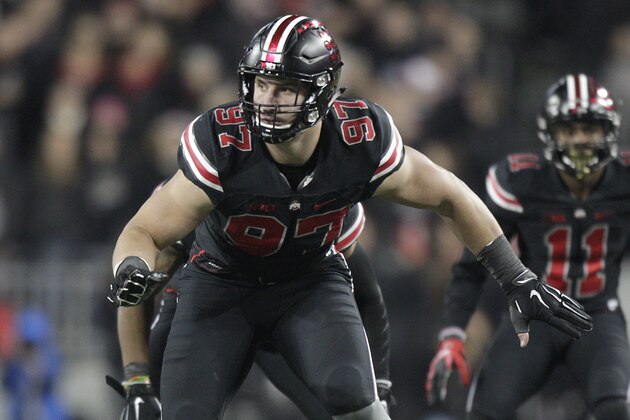 Ohio State defensive lineman Joey Bosa plays against Penn State during an NCAA college football game Saturday, Oct. 17, 2015, in Columbus, Ohio. (AP Photo/Jay LaPrete)