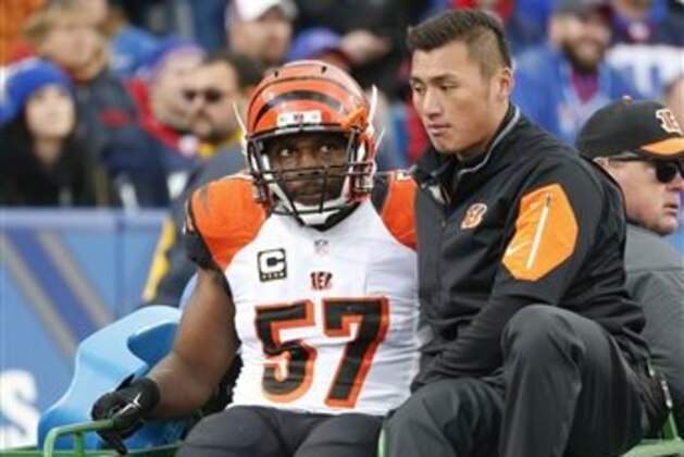 Cincinnati Bengals outside linebacker Vincent Rey (57) is taken from the field during the second half of an NFL football game against the Buffalo Bills on Sunday, Oct. 18, 2015, in Orchard Park, N.Y. (AP Photo/Bill Wippert)