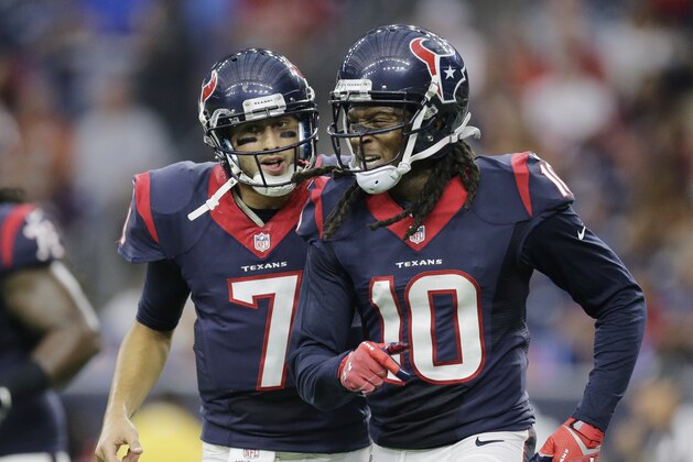 Houston Texans' Brian Hoyer (7) and DeAndre Hopkins (10) celebrate a two-point conversion against the San Francisco 49ers during the first quarter of an NFL preseason football game, Saturday, Aug. 15, 2015, in Houston. (AP Photo/Patric Schneider)