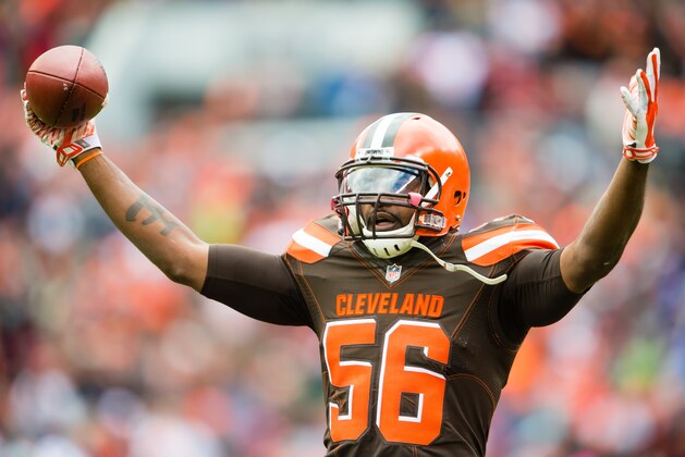 CLEVELAND, OH - OCTOBER 18: Inside linebacker Karlos Dansby #56 of the Cleveland Browns celebrates after making an interception during the first half against the Denver Broncos at FirstEnergy Stadium on October 18, 2015 in Cleveland, Ohio. (Photo by Jason Miller/Getty Images)