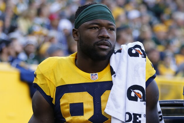 Green Bay Packers' Ty Montgomery (88) leaves the field during the first half of an NFL football game against the San Diego Chargers, Sunday, Oct. 18, 2015, in Green Bay, Wis. (AP Photo/Jeffrey Phelps)