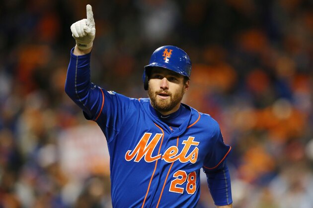 New York Mets' Daniel Murphy celebrates his home during the first inning of Game 1 of the National League baseball championship series against the Chicago Cubs Saturday, Oct. 17, 2015, in New York. (AP Photo/Elsa Garrison, Pool)