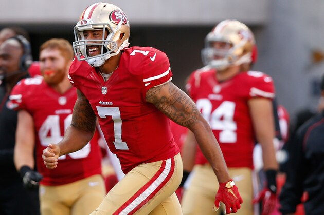 SANTA CLARA, CA - OCTOBER 18:  Quarterback Colin Kaepernick #7 of the San Francisco 49ers celebrates after a 21-yard touchdown pass against the Baltimore Ravens during their NFL game at Levi's Stadium on October 18, 2015 in Santa Clara, California.  (Photo by Ezra Shaw/Getty Images)