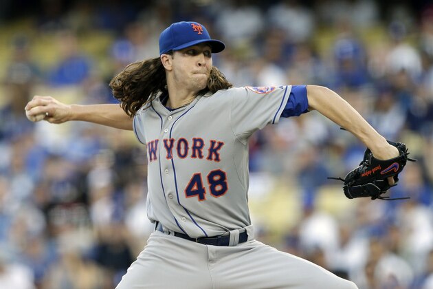 New York Mets starting pitcher Jacob deGrom works against a Los Angeles Dodgers batter during the first inning in Game 5 of baseball's National League Division Series Thursday, Oct. 15, 2015, in Los Angeles. (AP Photo/Alex Gallardo)