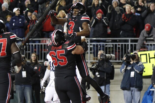 Ohio State wide receiver Michael Thomas (3) celebrates his touchdown against Penn State with lineman Pat Elflein (65) during an NCAA college football game Saturday, Oct. 17, 2015, in Columbus, Ohio. Ohio State beat Penn State 38-10. (AP Photo/Paul Vernon)