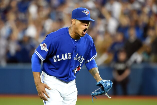 Oct 9, 2015; Toronto, Ontario, CAN; Toronto Blue Jays starting pitcher Marcus Stroman reacts after striking out Texas Rangers left fielder Josh Hamilton (not pictured) in the sixth inning in game two of the ALDS at Rogers Centre. Mandatory Credit: Dan Hamilton-USA TODAY Sports