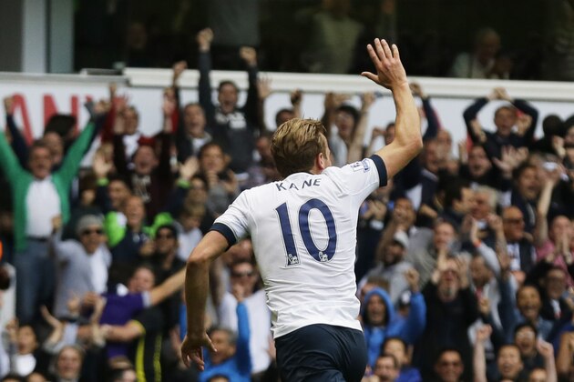 Tottenham Hotspur's Harry Kane celebrates scoring during the English Premier League soccer match between Tottenham Hotspur and Manchester City at White Hart Lane stadium in London, Saturday, Sept. 26, 2015.  (AP Photo/Matt Dunham)