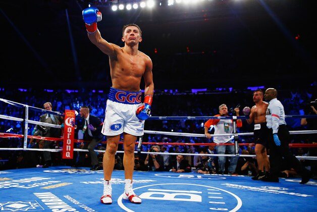 NEW YORK, NY - OCTOBER 17:  Gennady Golovkin celebrates his eigth round tko against  David Lemieux during their WBA/WBC interim/IBF middleweight title unification bout at Madison Square Garden on October 17, 2015 in New York City.  (Photo by Al Bello/Getty Images)