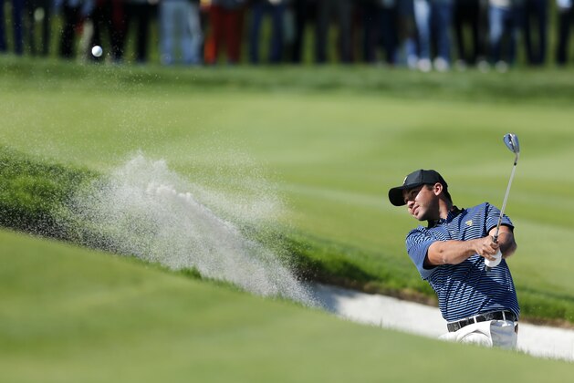 International team player Jason Day of Australia plays from a bunker on the second hole during his four ball match at the Presidents Cup golf tournament at the Jack Nicklaus Golf Club Korea, in Incheon, South Korea, Friday, Oct. 9, 2015.(AP Photo/Woohae Cho) International team player Jason Day of Australia plays from a bunker on the second hole during his four ball match at the Presidents Cup golf tournament at the Jack Nicklaus Golf Club Korea, in Incheon, South Korea, Friday, Oct. 9, 2015.(AP Photo/Woohae Cho)