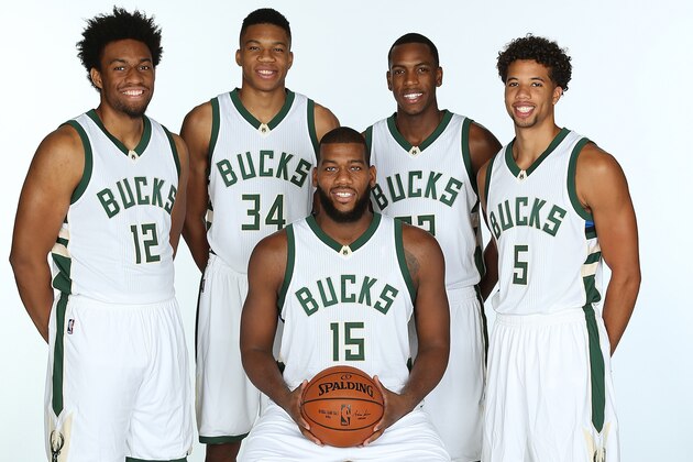 ST. FRANCIS, WI - SEPTEMBER 28: (L-R) Jabari Parker #12, Giannis Antetokounmpo #34, Greg Monroe #15, Khris Middleton #22 and Michael Carter-Williams #5 of the Milwaukee Bucks pose for a portrait during Media Day on September 28, 2015 at the Orthopaedic Hospital of Wisconsin Training Center in St Francis, Wisconsin. NOTE TO USER: User expressly acknowledges and agrees that, by downloading and or using this Photograph, user is consenting to the terms and conditions of the Getty Images License Agreement. Mandatory Copyright Notice:  Copyright 2015 NBAE (Photo by Gary Dineen/NBAE via Getty Images)