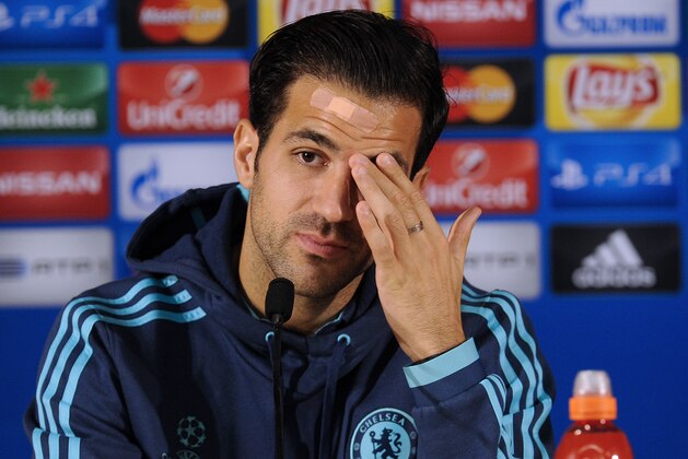 Chelsea's midfielder Cesc Fabregas smiles as he attends a press conference at FC Porto’s Dragao stadium in Porto, Portugal, Monday, Sept. 28, 2015. Chelsea will play Porto on Tuesday in a Champions League Group G soccer match. (AP Photo/Paulo Duarte)