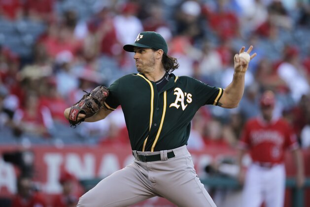 Oakland Athletics starting pitcher Barry Zito throws against the Los Angeles Angels during the second inning of a baseball game, Wednesday, Sept. 30, 2015, in Anaheim, Calif. (AP Photo/Jae C. Hong)