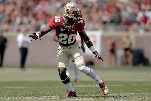 TALLAHASSEE, FL - APRIL 12:  Trey Marshall #20 of the Garnet team reacts to a play against the Gold team during Florida State's Garnet and Gold spring game at Doak Campbell Stadium on April 12, 2014 in Tallahassee, Florida.  (Photo by Stacy Revere/Getty Images)
