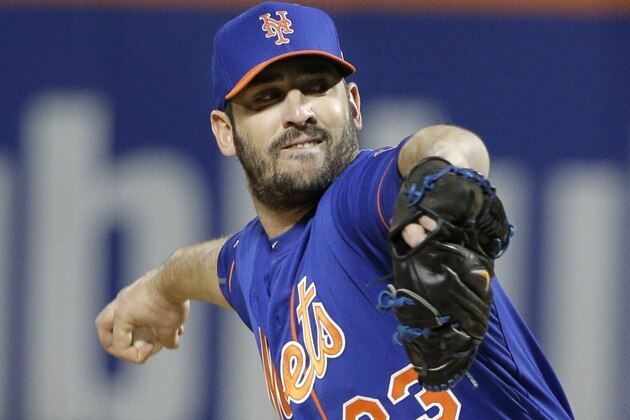 New York Mets pitcher Matt Harvey throws during the first inning of Game 1 of the National League baseball championship series against the Chicago Cubs Saturday, Oct. 17, 2015, in New York. (AP Photo/Julie Jacobson)